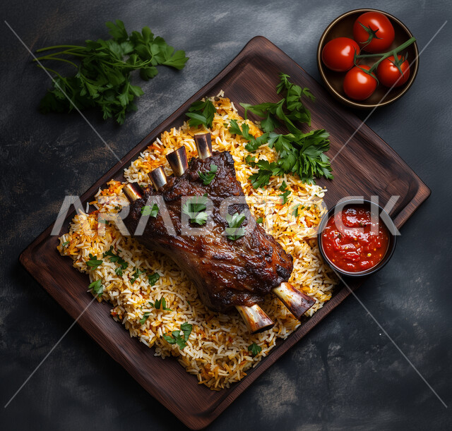 أكلة الكبسة الشهية التقليدية، وجبة غنية بالبروتين، وصفة طعام لذيذة صحية، أرز البرياني اللذيذ مع لحم الضأن المزين بالبقدونس والصلصة على قاعدة خشبية، فن طهي وتقديم وجبات العزائم في المملكة العربية السعودية