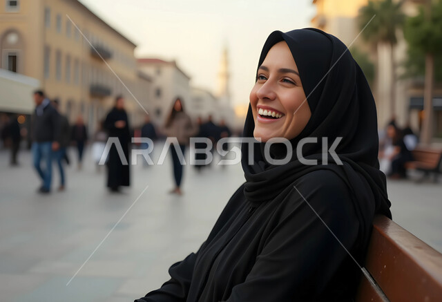 Concept of femininity and softness, having a good time outside, taking care of one's appearance, close-up of a smiling Saudi Arabian Gulf woman wearing a hijab and black abaya looking at something and laughing with gestures of pleasure and happiness