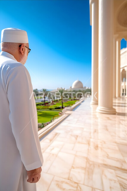  التوبة والرجوع إلى الله، الفن الهندسي المعماري على الطراز الإسلامي للقبب والمآذن، الاجتهاد في العباده والطاعة، الأجواء الروحانية الدينية في بيت الله، صورة من الخلف لرجل عربي خليجي سعودي يرتدي الثوب التقليدي والقبعة البيضاء يسير في ساحة المسجد لأداء فرض الصلاة