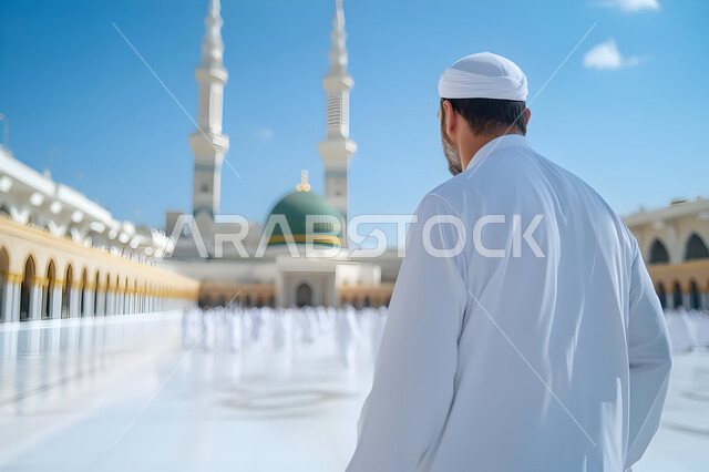 الفن الهندسي المعماري على الطراز الإسلامي للقبب والمآذن، الاجتهاد في العباده والطاعة، الأجواء الروحانية الدينية في بيت الله، صورة من الخلف لرجل عربي خليجي سعودي يرتدي الثوب التقليدي والقبعة البيضاء يسير في ساحة المسجد لأداء فرض الصلاة، التوبة والرجوع إلى الله