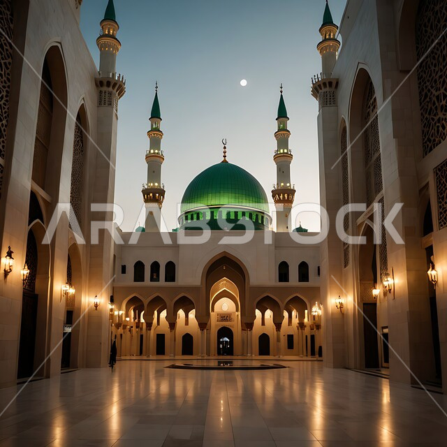 مفهوم العبادة والتقرب إلى الله، التصميم المميز للقبب والمآذن، الديكور الخارجي لمسجد في المملكة العربية السعودية، البدر المضيء في السماء، نداء المسلمين لأداء فريضة الصلاة على وقتها, الفن الهندسي المعماري لبناء المساجد على الطراز العربي الإسلامي