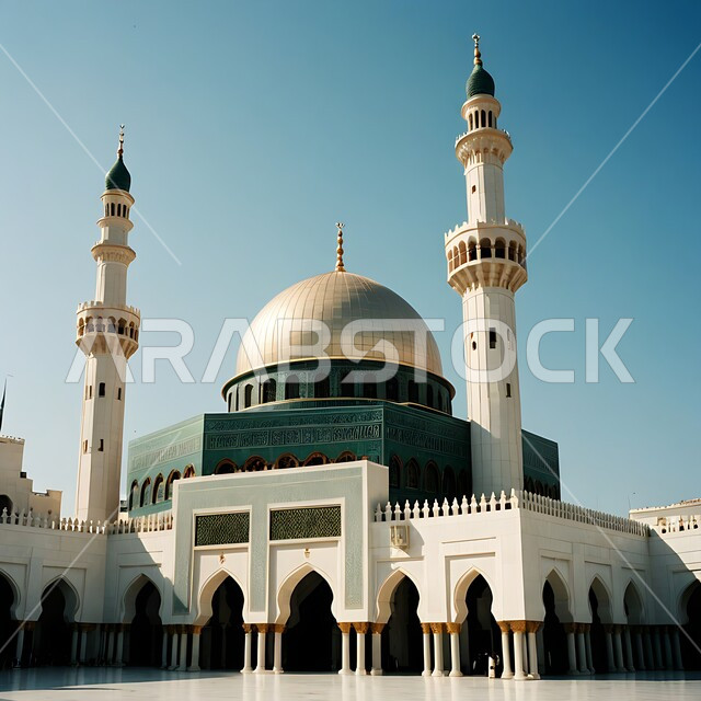 نداء المسلمين لأداء فريضة الصلاة على وقتها, مفهوم العبادة والتقرب إلى الله، التصميم المميز للقبب والمآذن، الديكور الخارجي لمسجد في المملكة العربية السعودية في النهار، الفن الهندسي المعماري لبناء المساجد على الطراز العربي الإسلامي، خلفية السماء الزرقاء