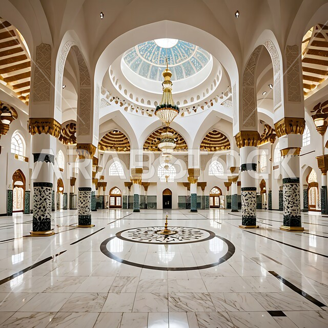 التصميم المميز للأعمدة والأقواس، الديكور الداخلي لمسجد في المملكة العربية السعودية، الفن الهندسي المعماري لبناء المساجد على الطراز العربي الإسلامي, نداء المسلمين لأداء فريضة الصلاة على وقتها, مفهوم العبادة والتقرب إلى الله