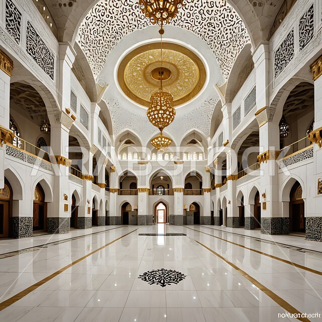 الديكور الداخلي لمسجد في المملكة العربية السعودية، الفن الهندسي المعماري لبناء المساجد على الطراز العربي الإسلامي, نداء المسلمين لأداء فريضة الصلاة على وقتها, مفهوم العبادة والتقرب إلى الله, التصميم المميز للأعمدة والأقواس