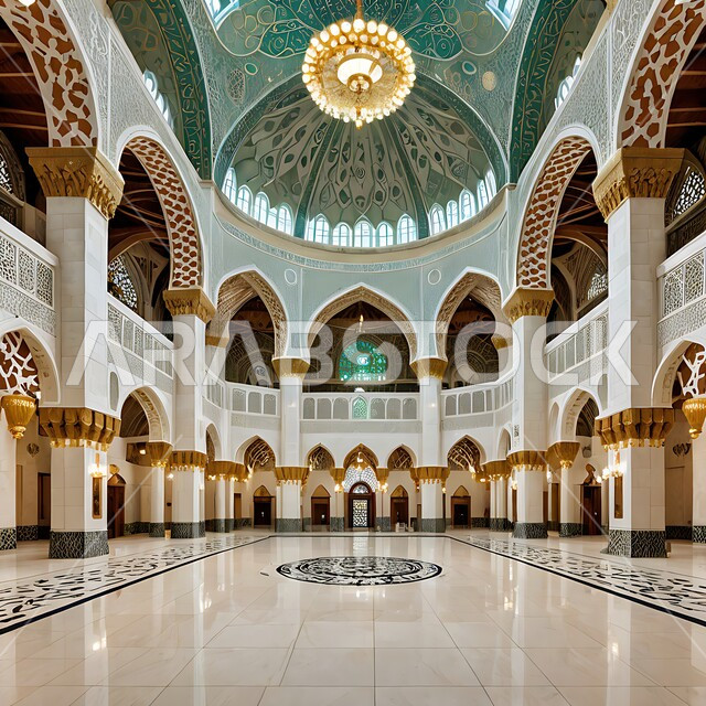 الفن الهندسي المعماري لبناء المساجد على الطراز العربي الإسلامي, الديكور الداخلي لمسجد في المملكة العربية السعودية، نداء المسلمين لأداء فريضة الصلاة على وقتها, مفهوم العبادة والتقرب إلى الله, التصميم المميز للأعمدة والأقواس