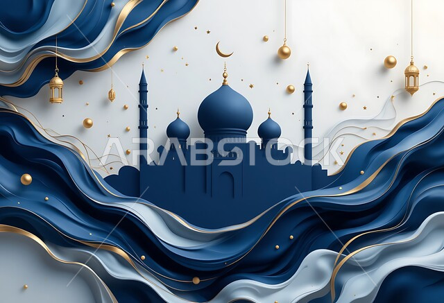 نداء المسلمين لأداء فريضة الصلاة, الفن الهندسي المعماري لبناء المساجد على الطراز العربي الإسلامي, مجسم ثلاثي الأبعاد لمسجد باللون الأزرق، القبب والمآذن بتصميم عريق, مفهوم العبادة والتقرب إلى الله, تعليق الهلال والنجوم وزينة رمضان باللون الذهبي, خلفية  بيضاء