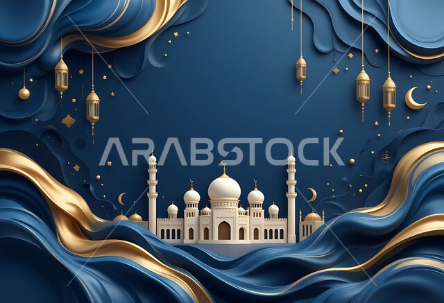 Architectural art of building mosques in the Arab Islamic style, 3D model of a mosque in white, domes and minarets in an ancient design, Muslims calling to perform the obligatory prayer, the concept of worship and getting closer to God, hanging the crescent and stars and Ramadan decorations in gold, blue background