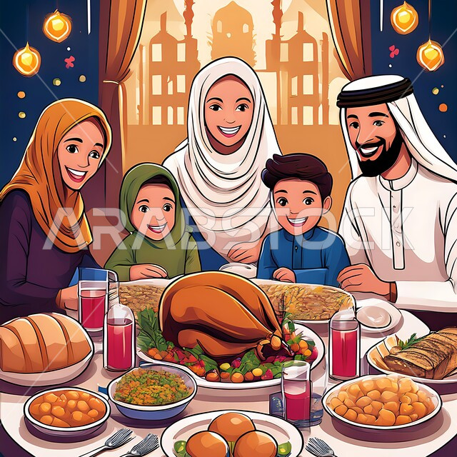سفرة إفطار شهر رمضان المبارك، قضاء وقت ممتع مع الأسرة في المنزل، إيماءات السعادة بالأجواء العائلية المليئة بالحب, رسوم توضيحية لعائلة عربية خليجية سعودية تجلس على مائدة الطعام المليئة بأصناف المأكولات والمشروبات المتنوعة والشهية