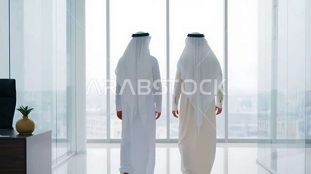 وظيفة إدارية مكتبية في المملكة العربية السعودية، الاستعداد والتجهز لحضور الاجتماع، تبادل الخبرة بين الفريق لتحقيق الهدف، صورة من الخلف لرجلين عربيين خليجيين سعوديين يرتديان الثوب التقليدي والغترة يقومان يقفان داخل مقر الشركة