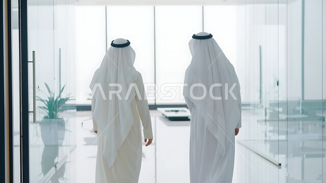 تبادل الخبرة بين الفريق لتحقيق الهدف، وظيفة إدارية مكتبية في المملكة العربية السعودية، الاستعداد والتجهز لحضور الاجتماع، صورة من الخلف لرجلين عربيين خليجيين سعوديين يرتديان الثوب التقليدي والغترة يقومان يقفان داخل مقر الشركة