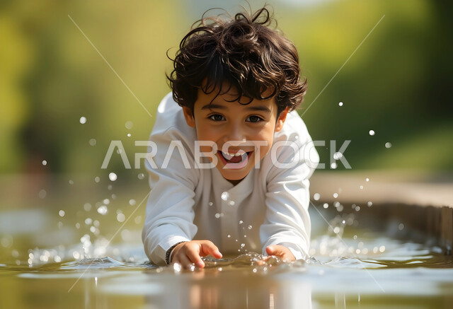 قضاء وقت ممتع في الحديقة العامة في المملكة العربية السعودية، الاستمتاع باللعب في الطبيعة والمنتزهات الخضراء بالهواء الطلق، نشاط ترفيهي مسلي، صورة مقربة لولد عربي خليجي سعودي مبتسم يرتدي الثوب التقليدي يلعب في بركة مياه بإيماءات السرور والسعادة