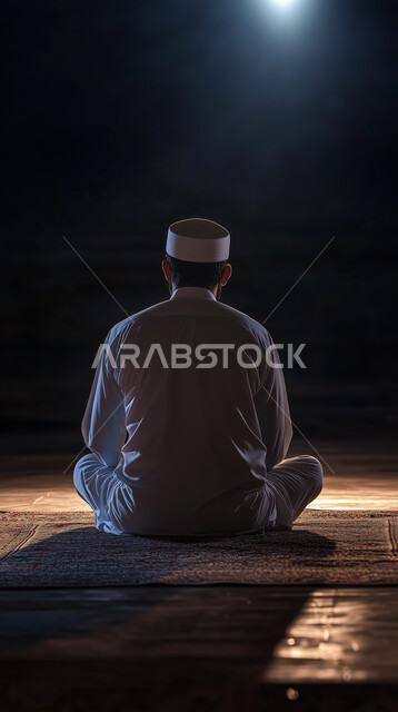 العبادة والتقرب إلى الله بالعمل الصالح، ليالي شهر رمضان المبارك، صورة من الخلف لرجل عربي خليجي سعودي يرتدي الثوب التقليدي والقبعة البيضاء يجلس داخل المسجد، دخول أشعه الشمس الى الأماكن الاسلامية، مفهوم الدعاء والتضرع