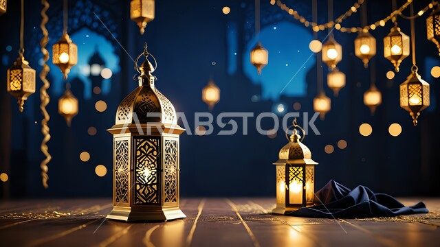 فوانيس معدنية مزخرفة مضيئة, مصباح عربي تقليدي, الأجواء الرمضانية الروحانية في المملكة العربية السعودية, الاحتفال بالمناسبات الدينية الإسلامية, البهجة بقدوم رمضان المبارك, زينة واكسسوار شهر الخير, خلفية زرقاء