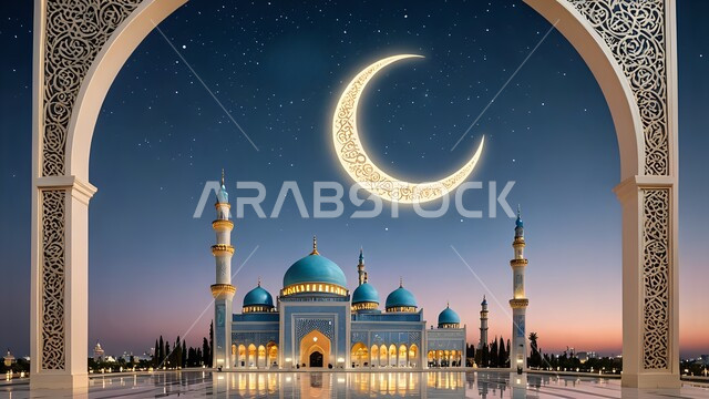 مفهوم العبادة والتقرب إلى الله تعالى, نداء المسلمين لأداء فريضة الصلاة, مسجد مضيء في الليل, منظر الهلال في السماء, الفن الهندسي المعماري لبناء المساجد على الطراز العربي الإسلامي, القبب والمآذن بتصميم عريق