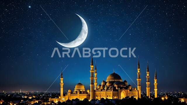 القبب والمآذن بتصميم عريق, مفهوم العبادة والتقرب إلى الله تعالى, نداء المسلمين لأداء فريضة الصلاة, مسجد مضيء في الليل, منظر الهلال في السماء, الفن الهندسي المعماري لبناء المساجد على الطراز العربي الإسلامي