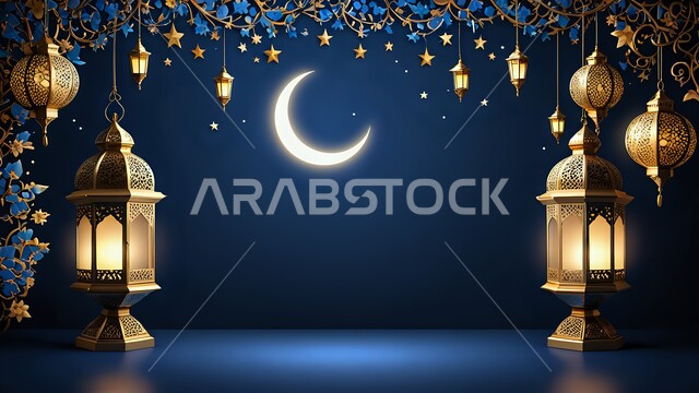 البهجة بقدوم رمضان المبارك, زينة واكسسوار شهر الخير, فوانيس معدنية مزخرفة مضيئة مع الهلال, مصباح عربي تقليدي, الأجواء الرمضانية الروحانية في المملكة العربية السعودية, الاحتفال بالمناسبات الدينية الإسلامية, خلفية زرقاء