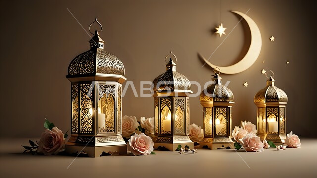 زينة واكسسوار شهر الخير, فوانيس معدنية مزخرفة مضيئة مع الهلال, مصباح عربي تقليدي, الأجواء الرمضانية الروحانية في المملكة العربية السعودية, الاحتفال بالمناسبات الدينية الإسلامية, البهجة بقدوم رمضان المبارك, خلفية بيج