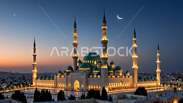 الفن الهندسي المعماري لبناء المساجد على الطراز العربي الإسلامي, القبب والمآذن بتصميم عريق, مفهوم العبادة والتقرب إلى الله تعالى, نداء المسلمين لأداء فريضة الصلاة, مسجد مضيء في الليل, منظر الهلال في السماء