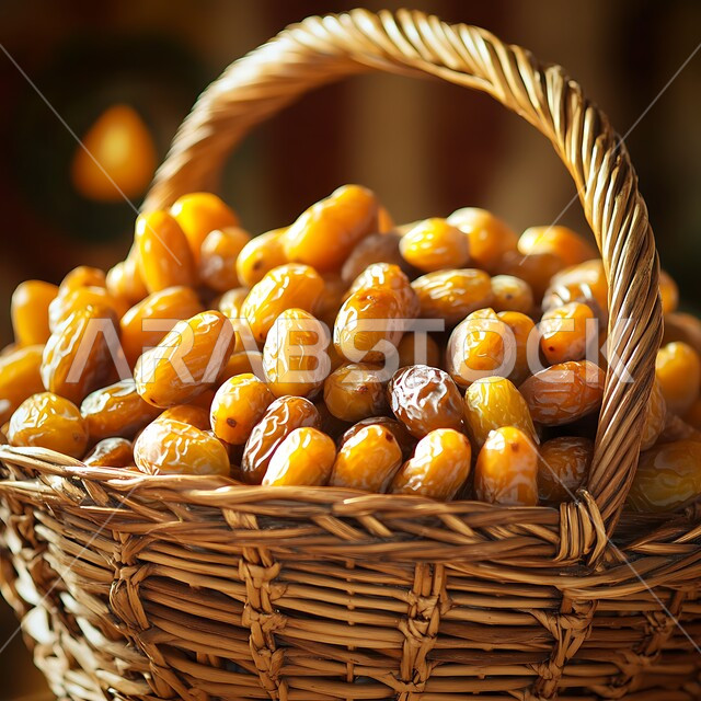 Traditional oriental hospitality, Saudi national local product, luxurious Arabian Gulf dates, quality of agricultural crops in the Kingdom of Saudi Arabia, basket made of straw filled with delicious healthy dates, meal with high nutritional value, Iftar for the fasting person in Ramadan