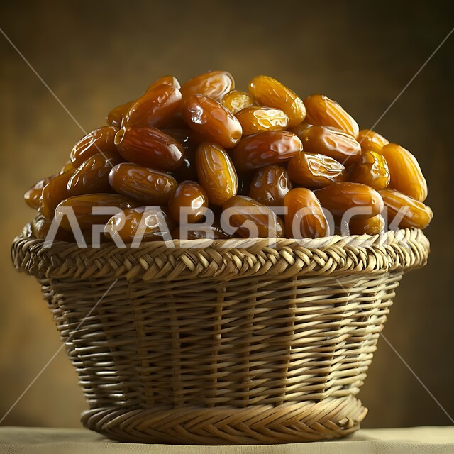 وجبة ذات قيمة غذائية عالية، ضيافة شرقية تقليدية، منتج محلي وطني سعودي, الرطب العربي الخليجي الفاخر, جودة المحصول الزراعي في المملكة العربية السعودية, سلة مصنوعة من القش مليئة بالتمر الصحي اللذيذ, إفطار الصائم في رمضان