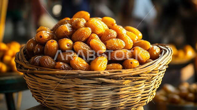 A basket made of straw filled with delicious healthy dates, a meal with high nutritional value, traditional oriental hospitality, a local Saudi national product, luxurious Gulf Arabian dates, the quality of the agricultural crop in the Kingdom of Saudi Arabia, breakfast for the fasting person in Ramadan