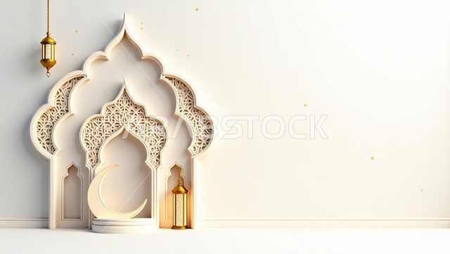 الاحتفال بالمناسبات الدينية الإسلامية, البهجة بقدوم رمضان المبارك, ديكور وزينة شهر الخير, فانوسان معدنيان مزخرفان مضيئان, الأجواء الرمضانية الروحانية في المملكة العربية السعودية, خلفية بيضاء