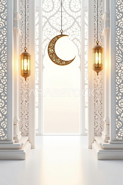 فانوسان معدنيان مضيئان مع الهلال المزخرف, الأجواء الرمضانية الروحانية في المملكة العربية السعودية, الاحتفال بالمناسبات الدينية الإسلامية, البهجة بقدوم رمضان المبارك, ديكور وزينة شهر الخير, خلفية بيضاء