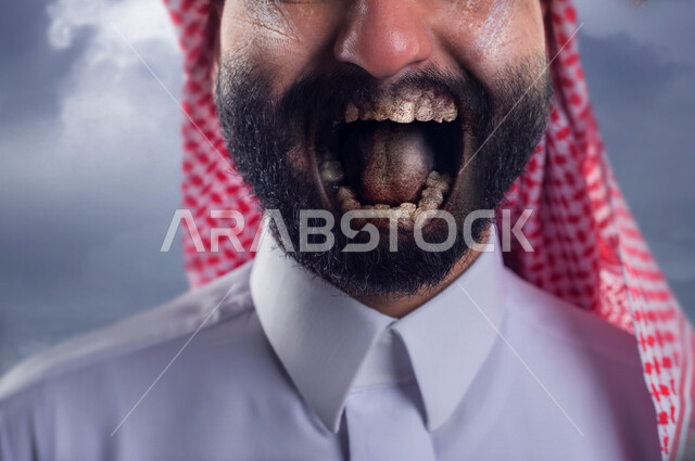 صورة مقربة مخيفة لإبتسامة رجل خليجي سعودي ، أسنان مخيفة الشكل