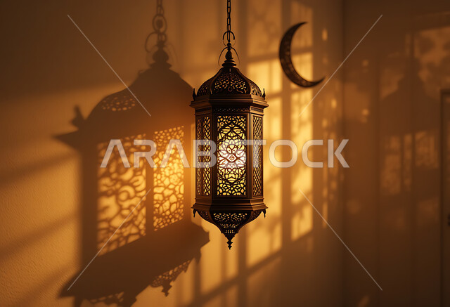 فانوس معدني مزخرف معلق على الحائط مع الهلال, الاحتفال بالمناسبات الدينية الإسلامية, البهجة بقدوم رمضان المبارك, مصباح عربي تقليدي, الأجواء الرمضانية الروحانية في المملكة العربية السعودية, زينة واكسسوار شهر الخير