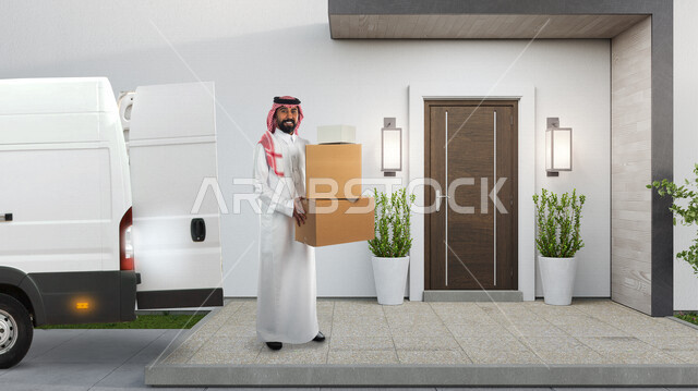 رجل عربي سعودي خليجي يحمل بيديه صناديق الشراء ، استلام المشتريات من سيارة شحن البضائع ،السعاده والرضى بخدمة التوصيل السريع، التسوق الالكتروني، طلبات اونلاين، عمليات الشحن والتوصيل
