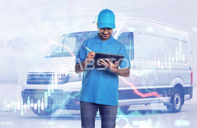 A Saudi Arabian Gulf man working in the delivery of orders and goods to customers, online shopping, online orders, smart shopping, reliable shipping and delivery process, delivery representative, warehouse keeper, sales representative, documenting orders,