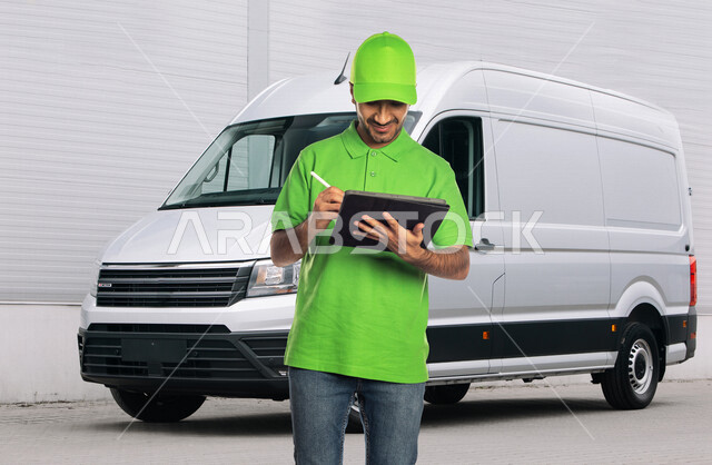 رجل عربي سعودي خليجي يعمل في توصيل الطلبات والبضائع للزبائن, التسوق الالكتروني, طلبات اونلاين, التسوق الذكي, عملية شحن وتوصيل موثوقه, مندوب توصيل, امين مخازن,مندوب مبيعات, توثيق الطلبات, تاكيد الحجوزات عبر جهاز التابلت