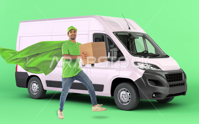 كروما لرجل عربي سعودي خليجي يرتدي رداء سوبرمان للتوصيل السريع يعمل في توصيل الطلبات والبضائع للزبائن, التسوق الالكتروني, طلبات اونلاين, التسوق الذكي, عملية شحن وتوصيل موثوقه, مندوب توصيل, خدمات التوصيل السريع