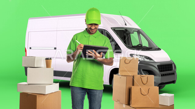 Portrait of a Saudi Arabian Gulf man working in the delivery of orders and goods to customers, online shopping, online orders, smart shopping, reliable shipping and delivery process, delivery representative, store keeper, sales representative, order docum