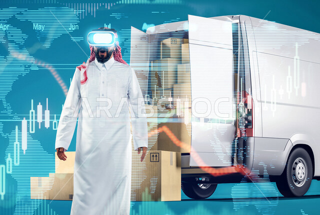 رجل عربي سعودي خليجي يعمل في شحن و توصيل الطلبات يرتدي نظارة الواقع الافتراضي, استخدام تقنية الهولوجرام لتوصيل الطلبات, الشحن والتوصيل في العالم الافتراضي, خدمات متطوره, خدمة التوصيل السريع بالتقنيه الحديثه, بيئة شحن  وتوصيل ثلاثية الأبعاد