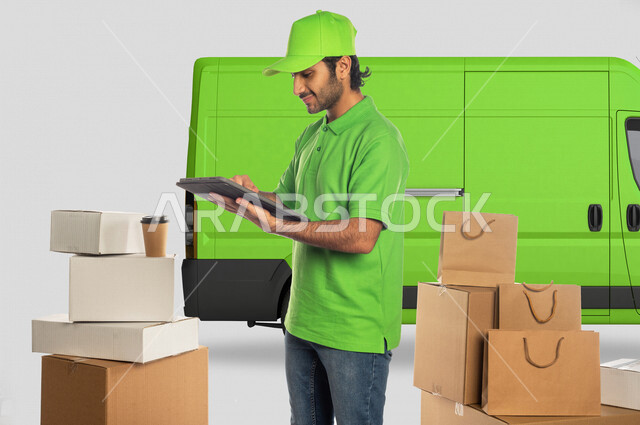 بورتريه لرجل عربي سعودي خليجي يعمل في توصيل الطلبات والبضائع للزبائن, التسوق الالكتروني, طلبات اونلاين, التسوق الذكي, عملية شحن وتوصيل موثوقه, مندوب توصيل, امين مخازن,مندوب مبيعات, توثيق الطلبات, تاكيد الحجوزات عبر جهاز التابلت