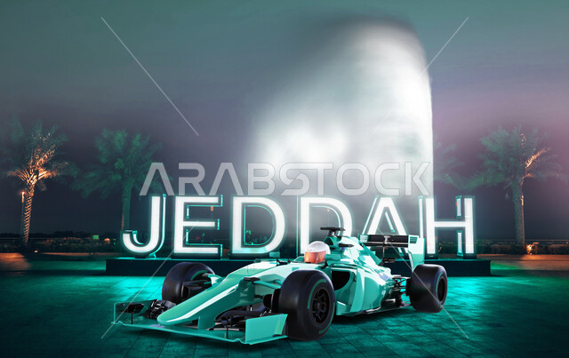 سائق عربي خليجي سعودي في الفورمولا وان بخلفية جدة  ، عرض ثلاثي الأبعاد ، الفورمولا واحد (الفِئَةُ الأُولَى) ، سباقات الفورمولا وان في المملكة العربية السعودية ، هواية سباق السيارات ، سباق جائزة السعودية الكبرى للفورمولا واحد ، مسابق الفورمولا وان