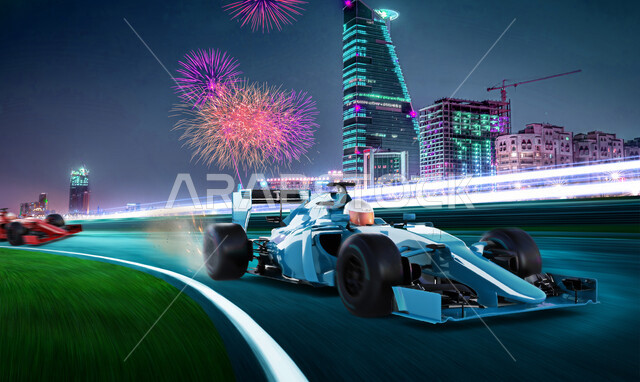 سائقون خليجيون سعوديون في سباق السيارات على مسار بخلفية ضبابية الحركة ، عرض ثلاثي الأبعاد ، الفورمولا واحد (الفِئَةُ الأُولَى) ، حلبة سباق السيارات ، هواية سباق الفورمولا وان في المملكة العربية السعودية ، سباق جائزة السعودية الكبرى للفورمولا واحد