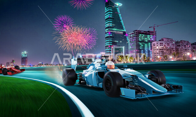 سائقون خليجيون سعوديون في سباق السيارات على مسار بخلفية ضبابية الحركة ، عرض ثلاثي الأبعاد ، الفورمولا واحد (الفِئَةُ الأُولَى) ، حلبة سباق السيارات ، هواية سباق الفورمولا وان في المملكة العربية السعودية ، سباق جائزة السعودية الكبرى للفورمولا واحد