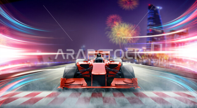 سائق خليجي سعودي يحتفل بالنصر يمر بنقطة النهاية ، سباق السيارات على مسار بخلفية ضبابية الحركة ، عرض ثلاثي الأبعاد ، الفورمولا واحد (الفِئَةُ الأُولَى) ، حلبة سباق السيارات، هواية سباق الفورمولا وان بالمملكة العربية السعودية، سباق جائزة السعودية الكبرى