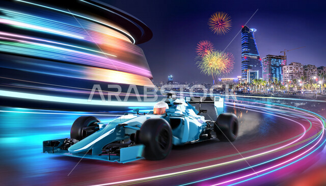 سائقون خليجيون سعوديون في سباق السيارات على مسار بخلفية ضبابية الحركة ، عرض ثلاثي الأبعاد ، الفورمولا واحد (الفِئَةُ الأُولَى) ، حلبة سباق السيارات ، هواية سباق الفورمولا وان في المملكة العربية السعودية ، سباق جائزة السعودية الكبرى للفورمولا واحد