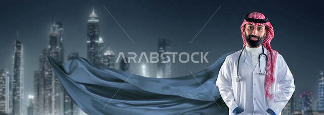 صورة لطبيب سعودي خليجي ينظر الى الكاميرا يقدم خدماته بكل كفاءة ، مفهوم الطب والرعاية الصحية والمهن الطبية ، القطاع الصحي لتقديم الخدمات الصحية