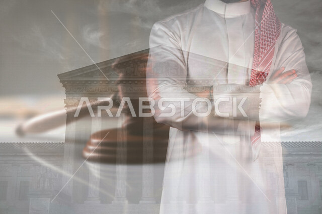 صورة مدمجة لرجل قاضي عرببي سعودي خليجي في محكمة العدل , محامي ينجز المهام القانونية ، مفهوم العدالة والقانون .