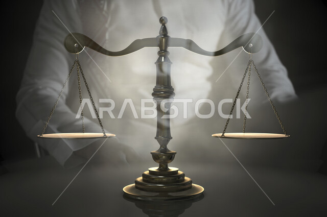 صورة مقربة لرجل محامي عربي سعودي خليجي يضع امامه ميزان العدل ، محامي ينجز المهام القانونية ، مفهوم العدالة والقانون .
