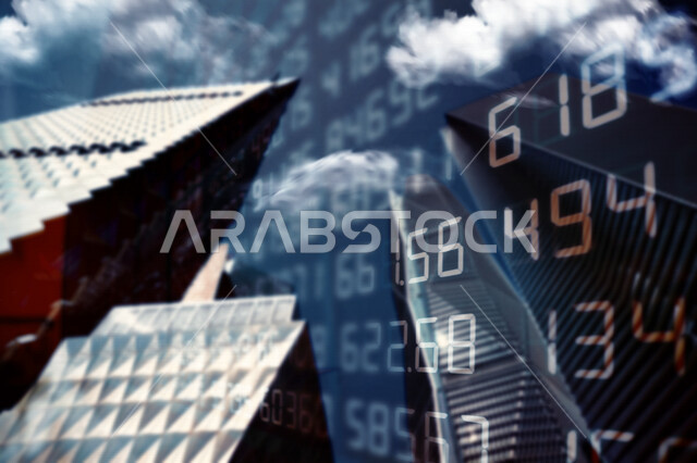 منشأت معمارية مدموجة بأرقام لتداول العملات و البورصة المالية ، صعود و نزول البورصة المالية ، الاستثمار المالي و الاقتصادي ، التطور الإقتصادي