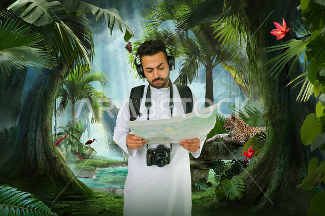 رجل عربي خليجي سعودي يخطط لرحلة سياحية ، الاستعداد للسفر ، السياحة و السفر ، زيارة الأدغال و الغابات زيارة حديقة حيوانات و أماكن طبيعية سياحية ، مغامرات و ترفيه ، محمية طبيعية ، خلفية أشجار و غابات