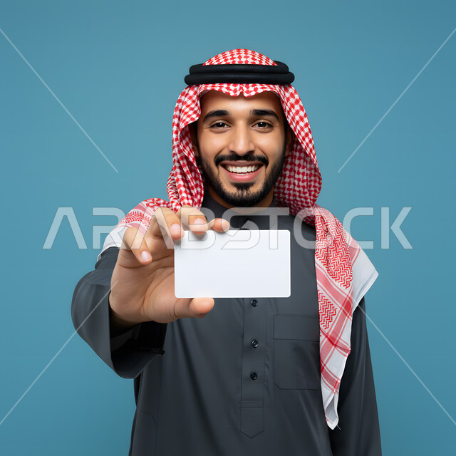 كروت إعلان وعرض تسويقي، كرت أبيض مستطيل فارغ، استخدام بطاقة توضيحية تعريفية، بورتريه مقرب لرجل عربي خليجي سعودي مبتسم يرتدي الشماغ والثوب التقليدي يحمل بيده موك أب ينظر إلى الكاميرا بتعابير السرور والسعادة، مفهوم التسويق لشيء ما، خلفية زرقاء
