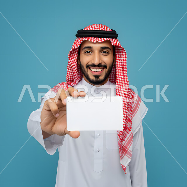استخدام بطاقة توضيحية تعريفية، بورتريه مقرب لرجل عربي خليجي سعودي مبتسم يرتدي الشماغ والثوب التقليدي يحمل بيده موك أب ينظر إلى الكاميرا بتعابير السرور والسعادة، كروت إعلان وعرض تسويقي، كرت أبيض مستطيل فارغ، مفهوم التسويق لشيء ما، خلفية زرقاء