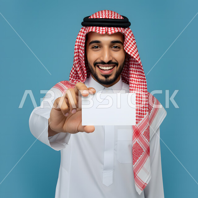 كروت إعلان وعرض تسويقي، كرت أبيض مستطيل فارغ، استخدام بطاقة توضيحية تعريفية، بورتريه مقرب لرجل عربي خليجي سعودي مبتسم يرتدي الشماغ والثوب التقليدي يحمل بيده موك أب ينظر إلى الكاميرا بتعابير السرور والسعادة، مفهوم التسويق لشيء ما، خلفية زرقاء