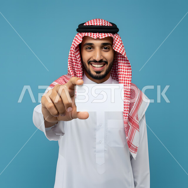 Blank white rectangular card, use of an identification card, close-up portrait of a smiling Saudi Arabian Gulf man wearing a traditional keffiyeh and thobe holding a mockup looking at the camera with expressions of pleasure and happiness, advertising cards and marketing presentation, marketing concept for something, blue background
